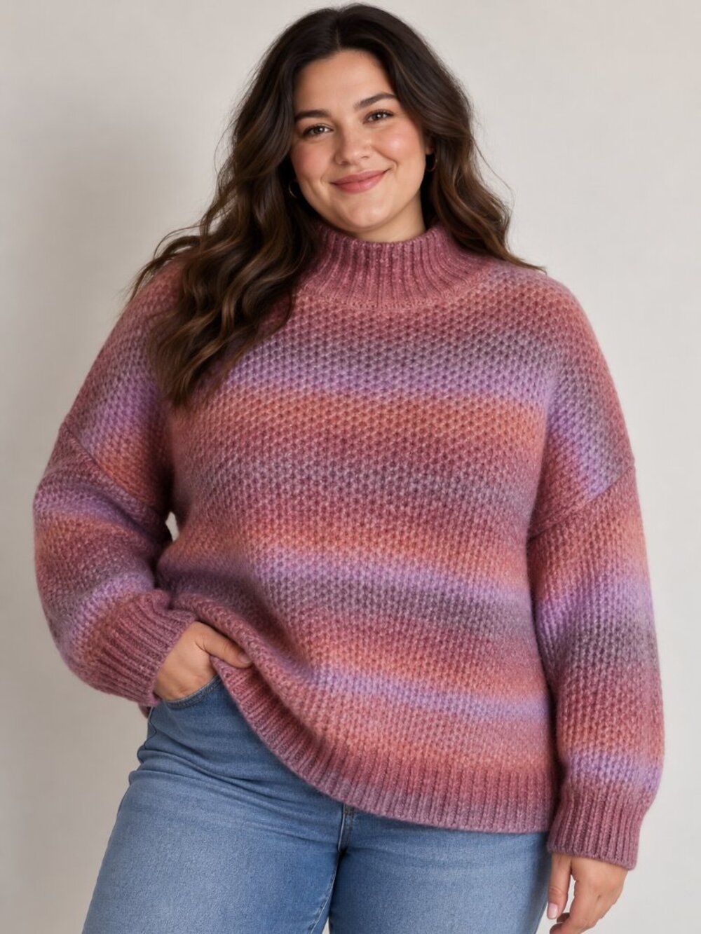 Grace + Karma 1X Pink Purple Fuzzy Space Dye Mock Neck Sweater